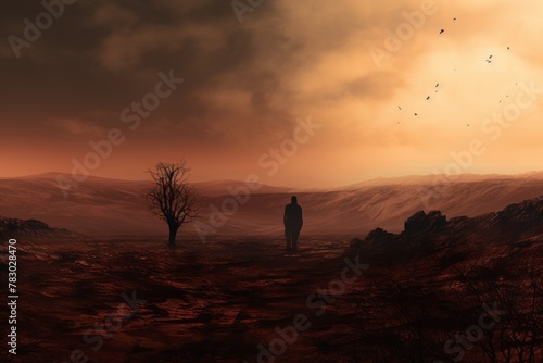A person's silhouette against a barren landscape, symbolizing emotional desolation
