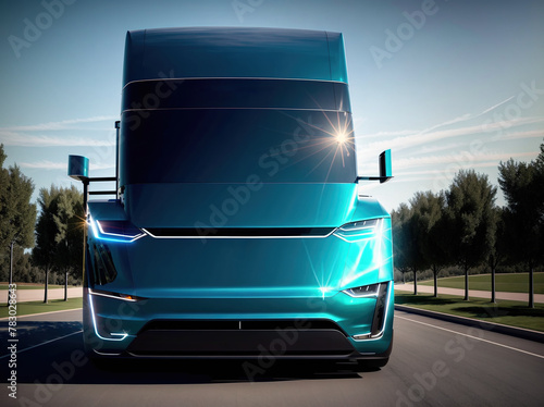 A futuristic electric truck driving down a road. photo