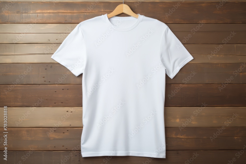 Blank white T-shirt mock-up on a wooden hanger Blank white T-shirt mock-up on a wooden hanger