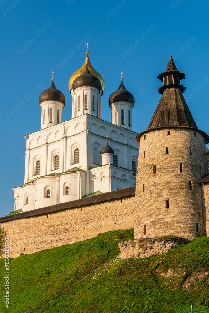 Pskov, Russia, September 11, 2023. Trinity Cathedral and Intercession Tower.