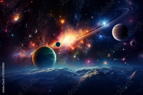 Celestial 3D backdrop with planets, stars, and cosmic phenomena