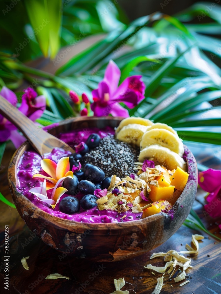 Close up of a natural wooden spoon diving into a colorful pitaya smoothie bowl topped with banana and blueberries and papaya in a natural wooden bowl Close up of a natural wooden spoon diving into a colorful pitaya smoothie bowl topped with banana and blueberries and papaya in a natural wooden bowl