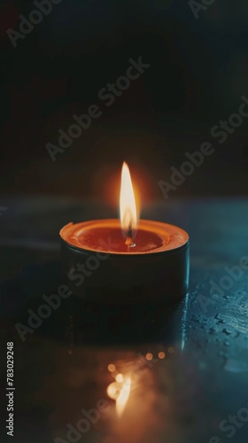 Close-up A candle burns in the dark. The candle flame is bright. Mood of sadness and mourning 