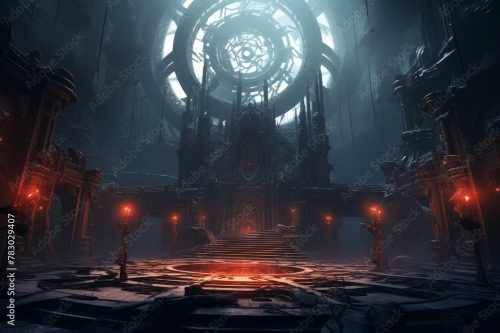 Enigmatic 3D realm with mysterious architecture and glowing symbols