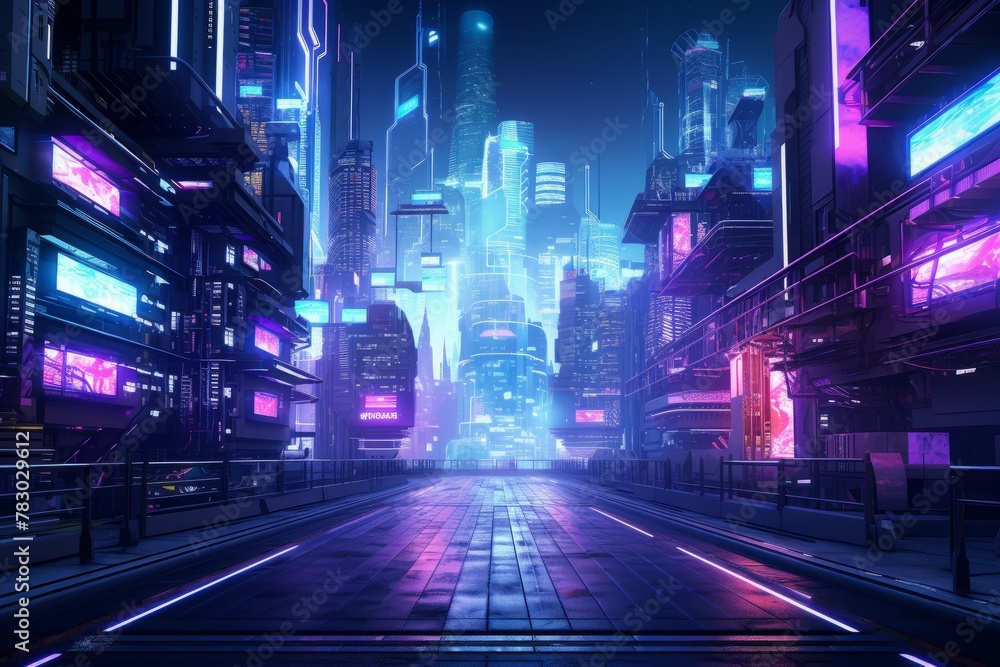Futuristic neon grid in a cyberpunk setting