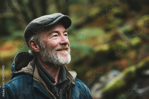 Portrait of senior man with gray beard and cap in autumn forest