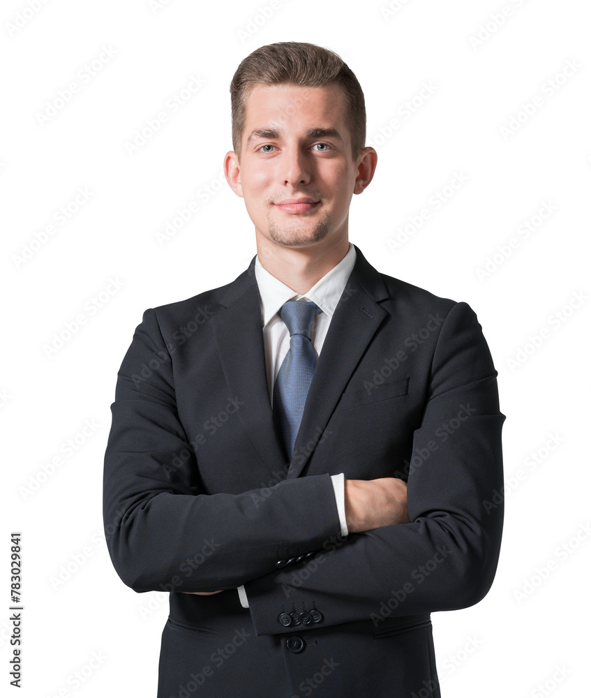 A confident young man dressed in a business suit, standing with arms crossed, on a white background A confident young man dressed in a business suit, standing with arms crossed, on a white background