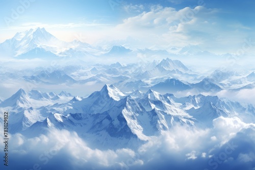 Majestic aerial view of a snow covered mountain range © KerXing
