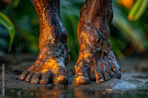 Close Up of Persons Feet Covered in Mud