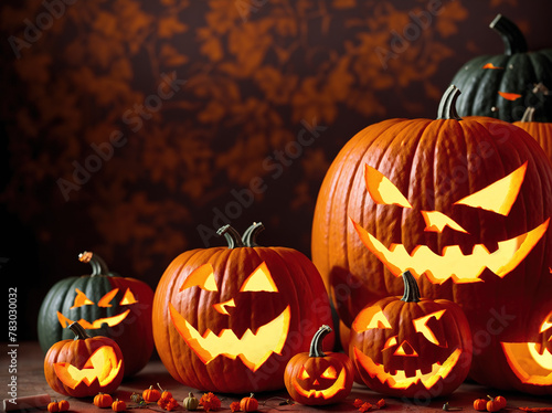 A group of pumpkins sitting on a table with a spooky background. photo