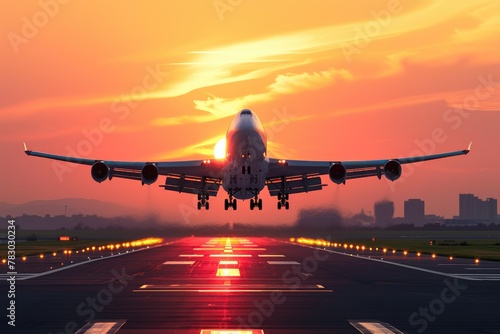 Sunset Departure: Jetliner Ascending with Landing Gear Ready
