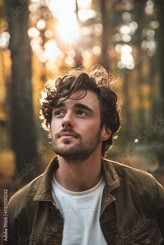 Portrait of a handsome young man with curly hair in the autumn forest