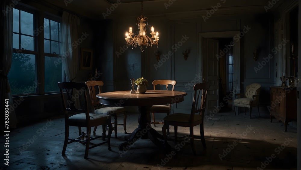 At midnight, a dining table sits forsaken, its chairs askew, bathed in the ghostly glow of moonlight Generative AI