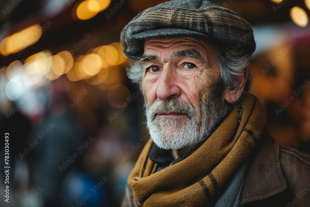 Portrait of an elderly man with a gray beard in a brown coat on the background of a Christmas market. Portrait of an elderly man with a gray beard in a brown coat on the background of a Christmas market.
