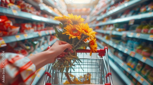 Hand Holding Flowers at Supermarket photo