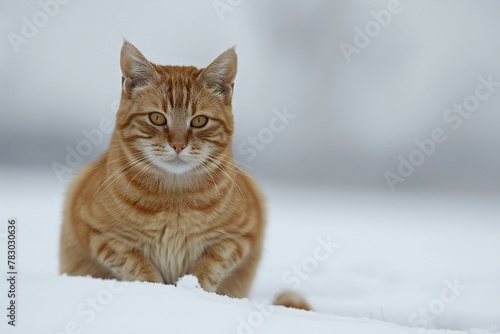 Ginger cat sitting on the snow in winter, shallow depth of field