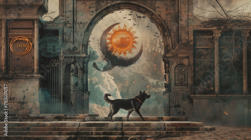 A dog silhouetted against a surreal portal amid gothic ruins photo