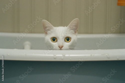 White cat in a bathtub with yellow eyes, Shallow depth of field