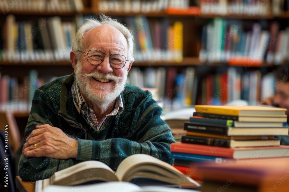 Smiling older man reading a book in the library Smiling older man reading a book in the library