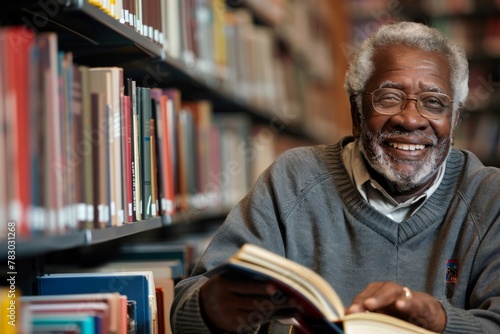Smiling older man reading a book in the library