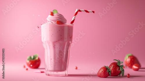 On a pink background, a strawberry yogurt smoothie or milkshake is pictured in 3D.