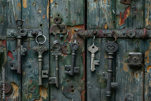 Old rusty keys on a wooden door,  Background texture, close up