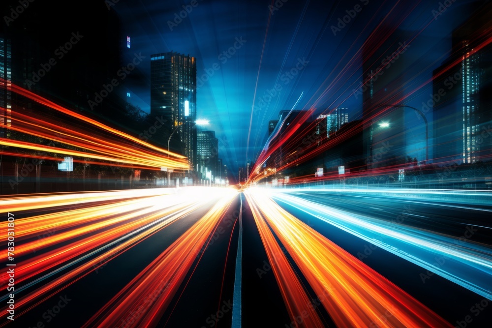 An abstract image of light trails created by long-exposure photography of city traffic