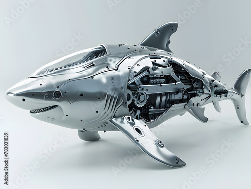 3D High-tech robot shark side view isolated on white background