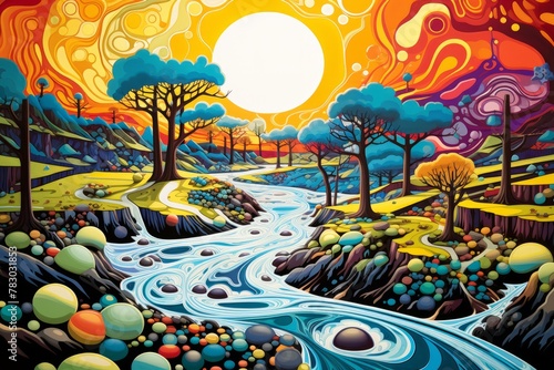 An artistic representation of a watershed in vibrant colors, symbolizing the interconnectedness of land, water, and the importance of monitoring photo
