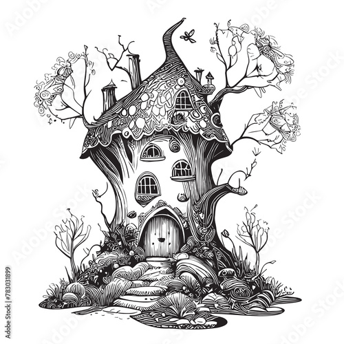 Magic house sketch hand drawn in doodle style Fairy tale Vector illustration © BigJoy