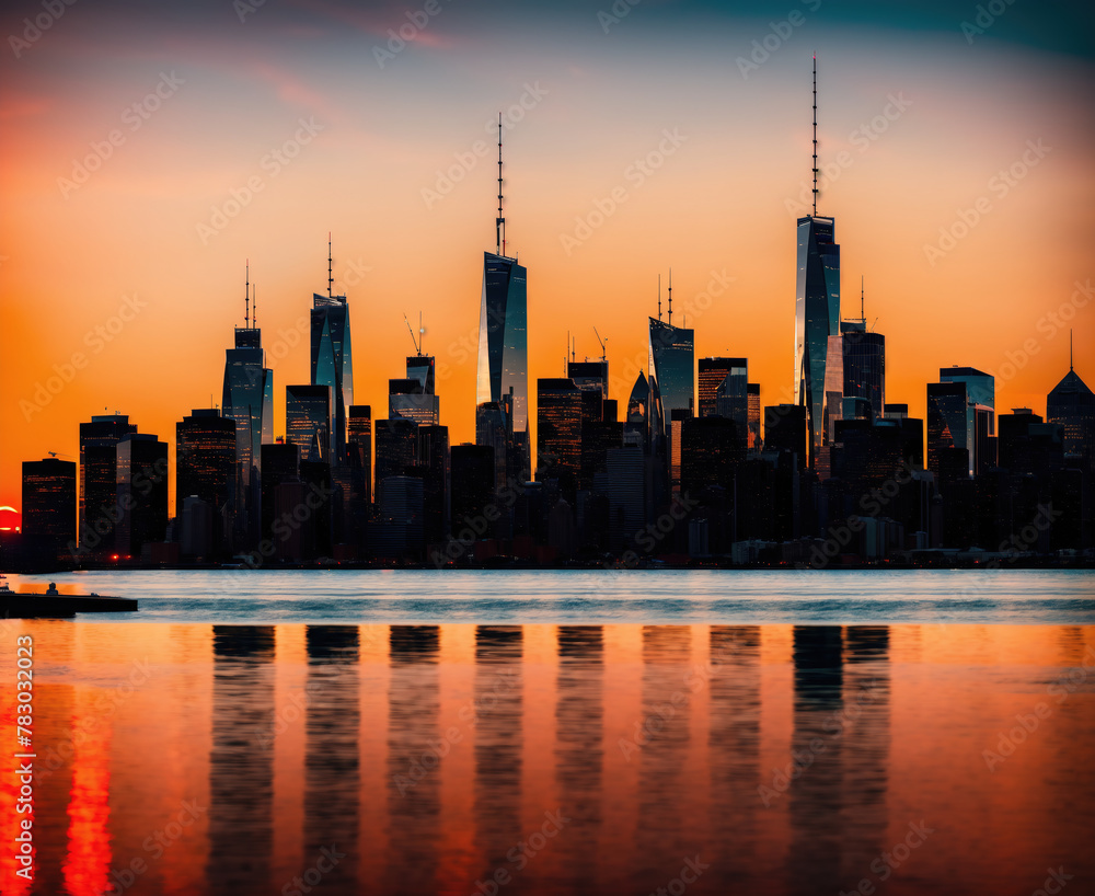 Obraz premium A city skyline at sunset, with tall skyscrapers reflected in the water.