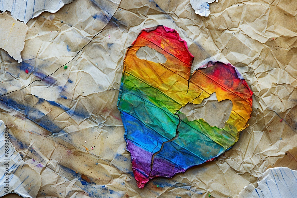 Colorful rainbow heart on crumpled paper as a background