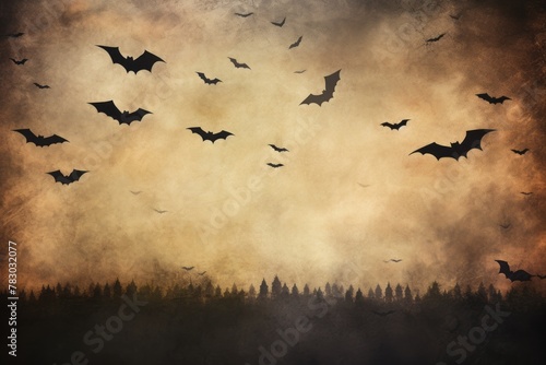 Swarm of bats in flight over a dense forest