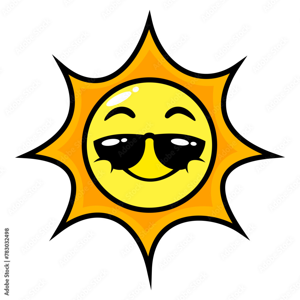 Funny Sun cartoon characters wearing black glasses and smiles. Best for sticker, icon, logo, decoration, and mascot with summer vacation themes for kids