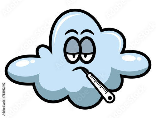 Cute Cloud cartoon characters has a cold and using thermometer to measuring body temperature. Best for sticker, logo, and mascot with seasonal healthcare themes for kids