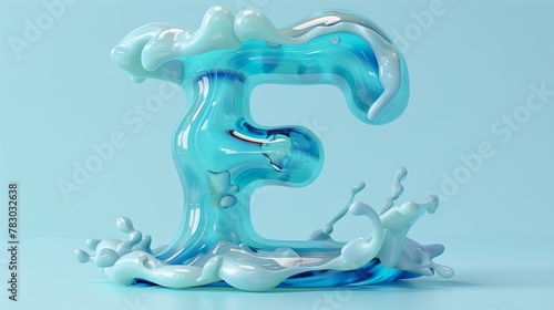 Water balloon letter E made of azure suspended in the air isolated on a baby blue background in 3D
