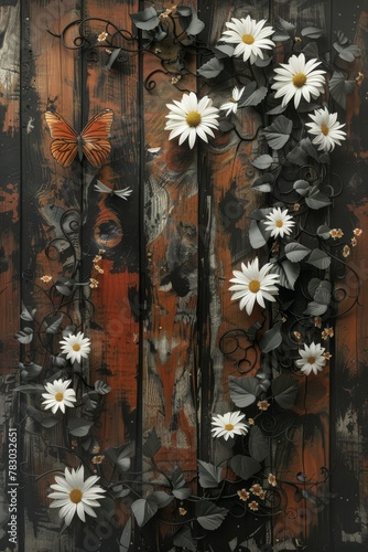 Painting of Flowers on a Wooden Fence