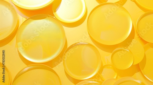 3D minimalist yellow backdrop showing light-textured cosmetic products displayed against glass disks photo