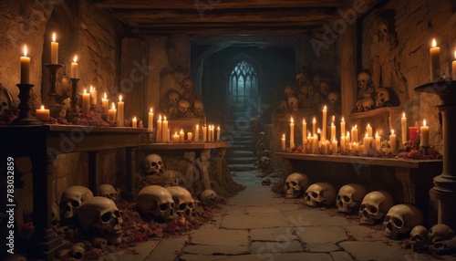 A hauntingly serene catacomb passage, adorned with flickering candles and human skulls, creating a chilling yet captivating scene perfect for themes of history, horror, and the macabre.. AI Generation photo