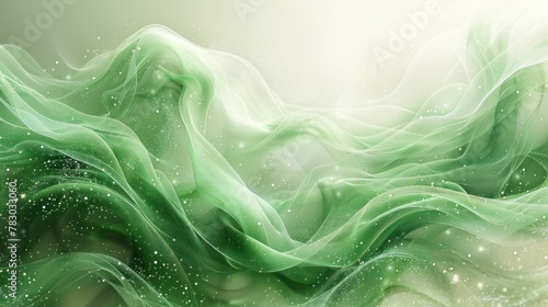 Abstract wavy background in green with shiny particles