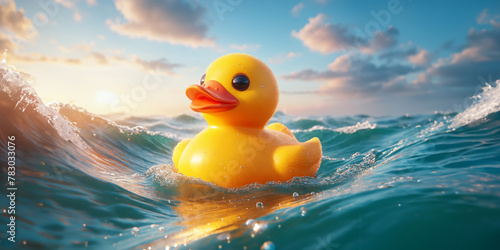 Rubber yellow duck toy on the ocean photo