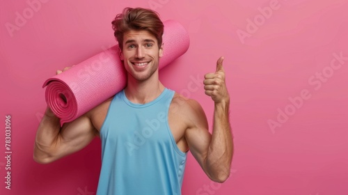 Man With Pink Yoga Mat photo