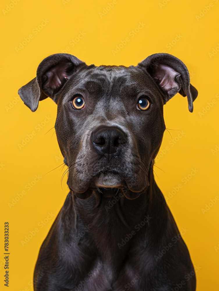 Cute Black Dog Piercing Gaze Yellow Background Pet Adopt Rescue Canine Portrait
