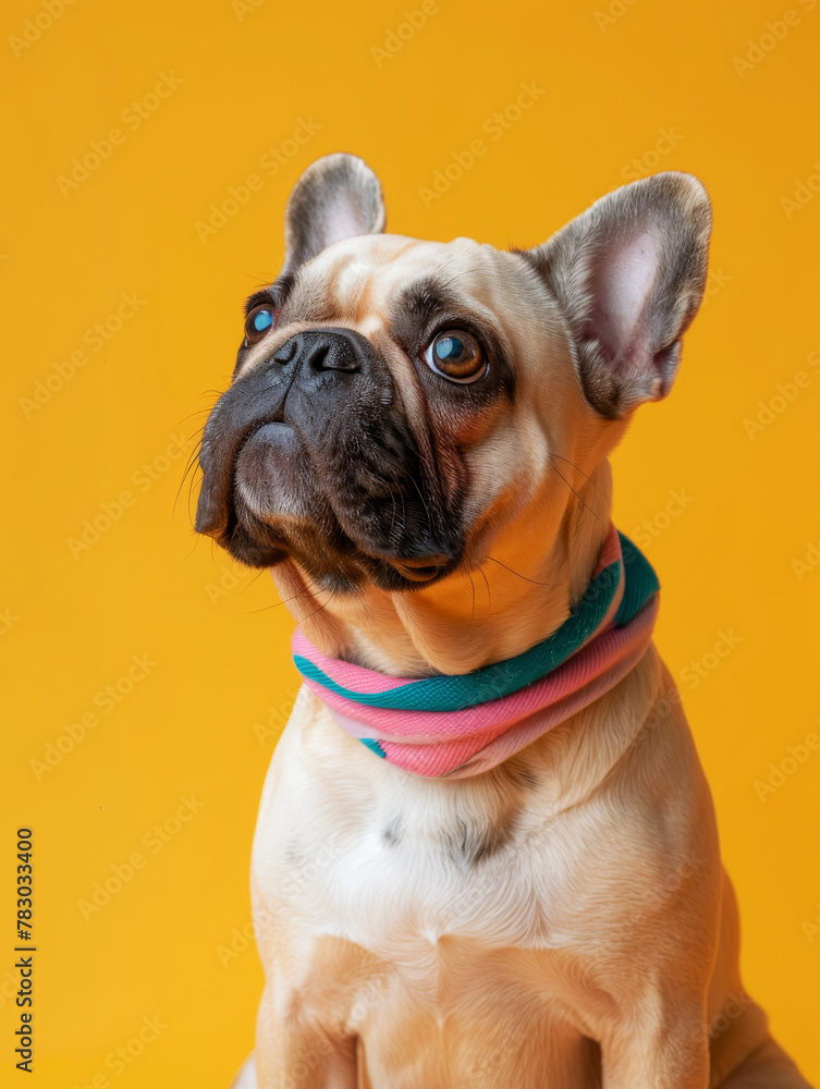Charming Fawn French Bulldog Colorful Collar Yellow Background Dog Pet Canine Adopt
