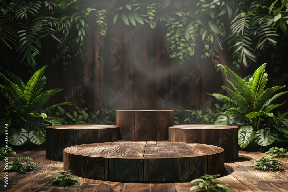 Round Wooden Table Surrounded by Green Plants Round Wooden Table Surrounded by Green Plants