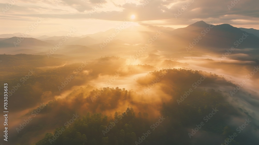 Dawn's Embrace: Misty Mountains Kissed by Sunrise Dawn's Embrace: Misty Mountains Kissed by Sunrise