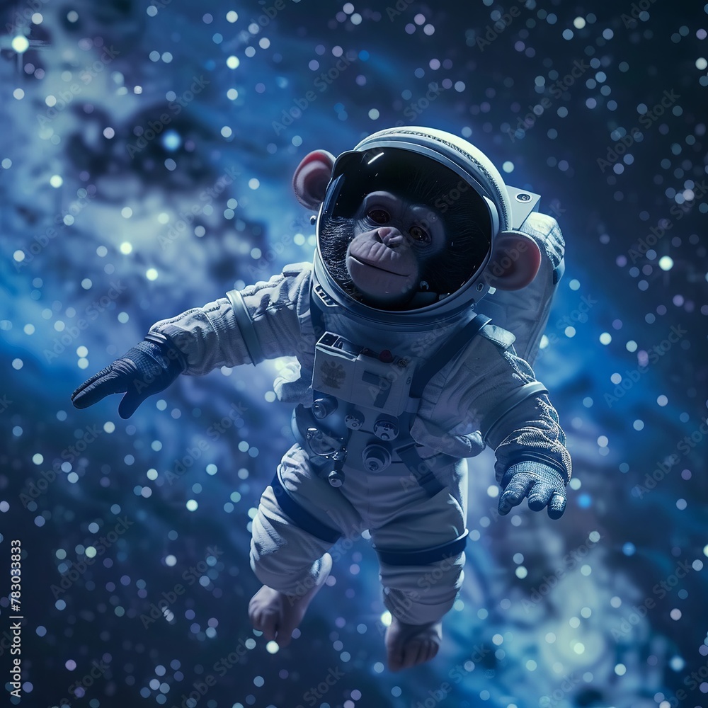 Monkey astronaut in space suit, starry background, low angle, sharp focus, cool blue tones , animation Monkey astronaut in space suit, starry background, low angle, sharp focus, cool blue tones , animation