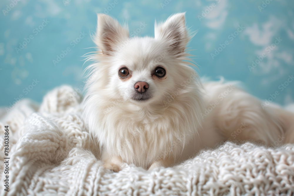 Fluffy White Chihuahua Relaxing on Cozy Knitted Blanket Dog Canine Pet Cute Fluffy White Chihuahua Relaxing on Cozy Knitted Blanket Dog Canine Pet Cute
