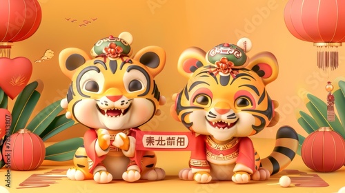 On a paper scroll, there is a message wishing you wealth and good fortune for the tiger year in 2022. Cute tigers wearing traditional costumes bow to each other. © Mark
