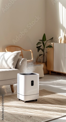 Modern living room featuring a stylish white humidifier on a wooden floor, with sunlight streaming through large windows illuminating cozy furniture and a potted plant in the corner